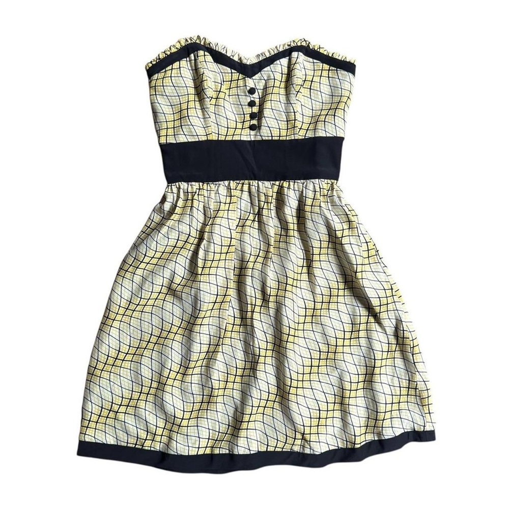 Y2k Betsey Johnson Yellow Black Retro Print Strapless Dress Sweetheart Bodice